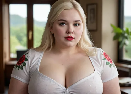 Photorealistic portrait of a stunning fat plumper young woman with fair skin and platinum blonde hair styled in a sleek high ponytail with bangs., (Fat round face, fat broad shoulders, fat neck, huge fat bosom:1.4), fat shoulders, fat arms, She has piercing blue eyes and bold red lipstick, creating a striking contrast. She is wearing a short-sleeved white blouse with a vibrant floral pattern featuring yellow flowers, green leaves, and red roses. she is biting her lip with a seductive look while unbuttoning her blouse, The background is softly blurred with a warm bokeh effect, illuminated by natural light streaming through large windows. The lighting is soft and golden, highlighting her radiant features. Her expression is confident and inviting, with a subtle, playful smile. The composition focuses on her elegance and charm, blending vintage-inspired warmth with vibrant colors, creating a visually captivating, high-fashion image
low-key lighting, atmospheric haze, underexposed, cinematic darkness, deep shadows . f, . shallow depth of field, vignette, highly detailed, high budget, bokeh, cinemascope, moody, epic, gorgeous, film grain, grainy . dark, mysterious, haunting, dramatic, ornate, detailed, anime_martz . digital artwork, illustrative, painterly, matte painting