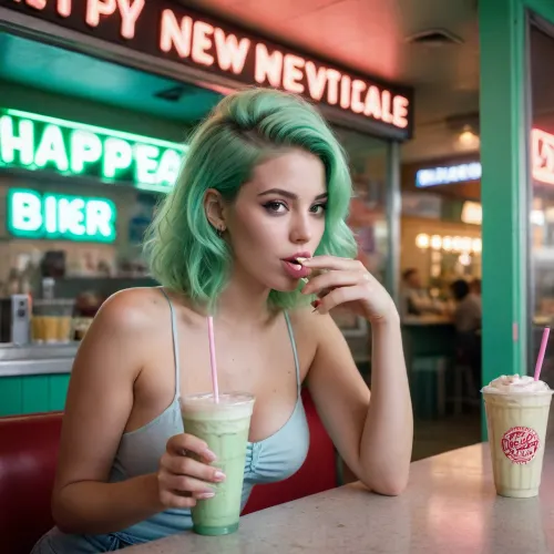 photo of a blonde woman with green hair drinking a milkshake in front of a window, with a neon sign "happy new year" above her head, at an american diner in the style of david lachapelle and petra collins. the image has pastel colors, a fashion magazine cover aesthetic, vintage film grain texture, and a cinematic quality