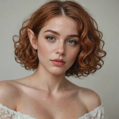 Beauty 25 years old girl, sit down over the viewer, withe openes blouse, big sagging breats, curly bob haircut, view from undermeath, fire redhead, veiny breats, very veiny boobs, elf ears