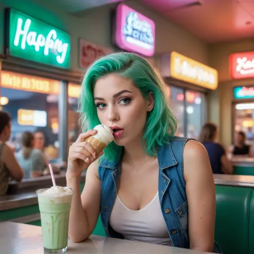 photo of a blonde woman with green hair drinking a milkshake in front of a window, with a neon sign "happy new year" above her head, at an american diner in the style of david lachapelle and petra collins. the image has pastel colors, a fashion magazine cover aesthetic, vintage film grain texture, and a cinematic quality