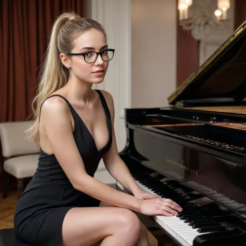 A highly detailed and realistic portrait of a young woman with an intellectual yet attractive appearance. She has a delicate face, smooth fair skin and long, straight blonde hair in a ponytail. expressive eyes, thin-rimmed glasses that give her a sophisticated and diligent look.She is dressed in a black concert long dress with a deep neckline and a long cut, without panties. She is sitting on a chair at the piano in a relaxed position, legs spread, pussy visible, holding a piece of music in her right hand, taking a break from playing. Her gaze is calm and thoughtful, as if she is deep in thought about the game. Her posture exudes elegance and intelligence, combining a sense of concentration with a subtle shyness. The setting is a concert hall, on a stage, with pieces of music scattered on the table, emphasising the theme of the musician playing the piano. The lighting is soft, stage-like, creating a warm glow that emphasises facial features and enhances the realism of the scene. The overall atmosphere balances between professionalism and an intriguing, alluring charm. pubis, hair, woman, natural, unshaven, women
