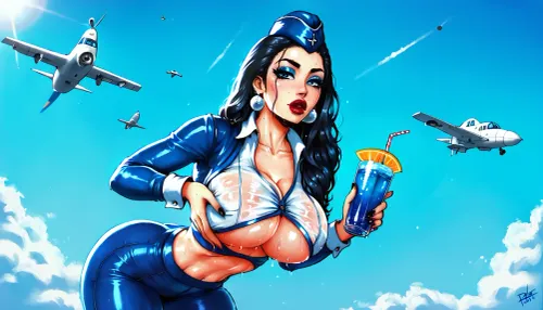 kitana, beautiful bimbo, sexy flight attendant outfit, tight outfit, form fitting clothes, ultra cleavage, (bending over:1.3), leaning forward, low angle, hdr, gorgeous, detailed face, perfect face, perfect skin, (long big thick black eyelashes), (mascara for long lashes:1.3), (intense black eyeliner:1.3), (blue intense eyeshadow colours:1.6), big blue open eyes, white eyeballs, eyes wide open, pointed nose, busty thick lips in red lipstick, size four large breasts, exposed breast, big lips, tight waist, snatched waist, sweaty, (commercial airplane:1.3), beautiful features, flirty, underboob, back lit, (holding a drink:1.3), Aeroflot stewardess garrison cap, ultra high details, (dynamic pose:1.3), freckles, squeezing breasts together, squeezing breasts, hand on breast, bottom up, exposed midriff, boobs ultra squeezed and bulging, wet skin, <lora:Her_Eyes:.8>