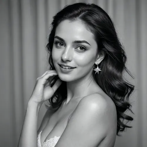 A collage of four photos. Studio shooting with one woman on a simple background with a texture of fabric. The series of images is made in a single black-and-white visual style and conveys a change of poses, gestures and facial expressions without changing location.

On the upper left panel, a woman is depicted in the "chest up" position, her body is positioned frontally, she hugs herself, her head is tilted, and her gaze is directed directly at the camera. The average picture.

In the upper right panel, a woman is shown from the shoulders up, her torso is turned three-quarters, one shoulder is pushed forward, her head is tilted and turned to the side, her gaze is directed up and away from the camera, and her hands are out of frame. The average picture.

On the lower left panel, her body is turned three-quarters, her head is raised, her gaze is directed directly at the camera, her shoulders are lowered, and her hands are out of the frame. Her posture is static. A medium-sized snapshot.

On the lower right panel, her body is slightly turned, her head is tilted to one side, she is looking at the camera, her lips are stretched in a wide smile, her pose is relaxed, without active hand gestures.

In makeup, the eyes are highlighted with dark eyeliner and pronounced eyelashes, and the lips are covered with a thick glossy neutral shade.

Hairstyle, Her hair is loose, has a soft wavy texture, is parted in the middle, and the strands fall freely around her face.

The woman is not wearing clothes, has medium-sized breasts, beautiful nipples, and long earrings in the shape of a five-pointed star.

The shooting takes place in the studio against the background of a monochrome curtain with vertical folds. The background is uniform and fills the entire frame.

The lighting is soft, studio, frontal, the light source is located in front of the model and slightly to the side. The light evenly outlines the face, creating soft shadows without sharp contrasts. The overall tone of the image is low-contrast, with a pronounced film texture.

The shooting was done in vintage black-and-white portrait style, film photography with visible grain, taken with a portrait lens, medium depth of field, camera at eye level, high detail, photorealistic, realistic skin image.