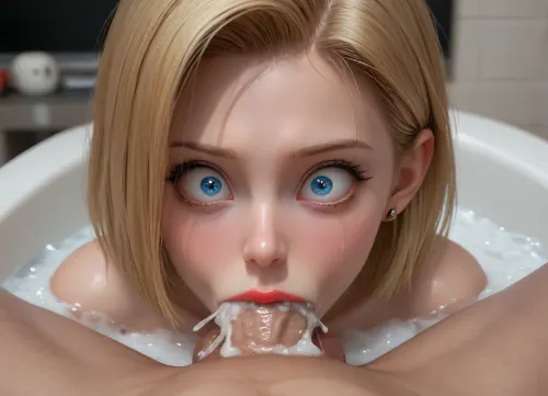 android 18 from dragonball z, naked, (large cheeks:1.1), angry face, black makeup, crying, red lipstick, (wide-eyed:1.9), (excessive cum:1.2), vegeta from dragonball z, (vegeta is smaller adult man, naked, small cock, round balls), moaning in pleasure, (deepthroat:1.3), deepthroat blowjob, dick in her mouth, throat bulge, forced sex, inside, 1 male 1 female, bathtub, close up, from the front, looking at viewer, focus on eyes