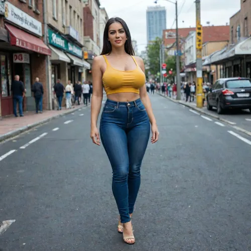 30 year old Columbian goddess, straight black hair, full figured, larger breasts, large butt, tight blue jeans, yellow crop top, standing in the street of Columbia facing the viewer, look of excitement on her face
