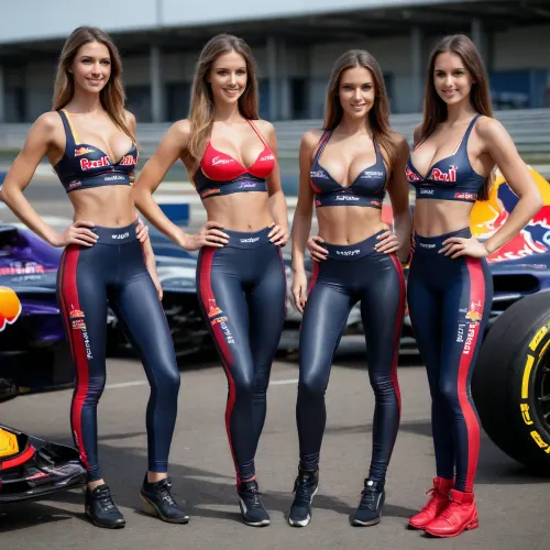 Various young girls standing in different sexy poses in front of a racing car, long hair, skinny, thin and long legs, tall, in tight racing pants, bras, large breasts, smiling face, with an hourglass figure, (slim waist:1.6), (large bust:1.4), ultra realistic


Formula 1 car, black and navy blue paint with red and yellow accents, Red Bull Racing style, Oracle logo, aggressive aerodynamic bodywork, complex front spoiler elements, low ground clearance, slick racing tires with red sidewall, carbon fiber details, rear spoiler with sponsor logos, Formula 1 garage, red and white curbs, sunlight reflections on bodywork, sharp focus, motorsport photography, shallow depth of field, sharp focus on faces, very high level of detail, 8K, realistic lighting, composite film
