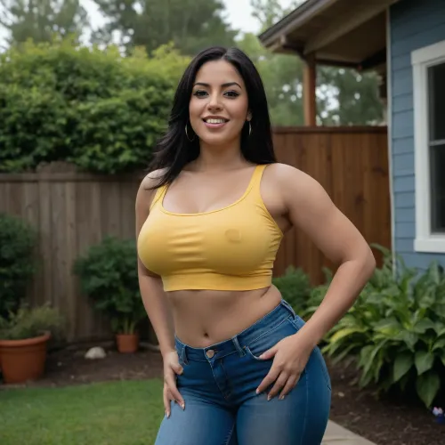 30 year old Columbian goddess, straight black hair, full figured, large natural breasts, tight blue jeans, yellow crop top, standingg into her backyard, facing the viewer, look of excitement on her face