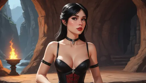 (one woman, Alva from Skyrim, 35 year old, pale skin, small breasts, black hair, seductive lips, sensual eyes), (inside medieval vampire cave/lair), (wearing skimpy tavern wench corset), (one hand grabbing breast, other hand laying finger on lips/tongue), (artwork, digital painting, concept art, by syd mead, flat colors), <lora:SDXLSamDoesArts:.8>