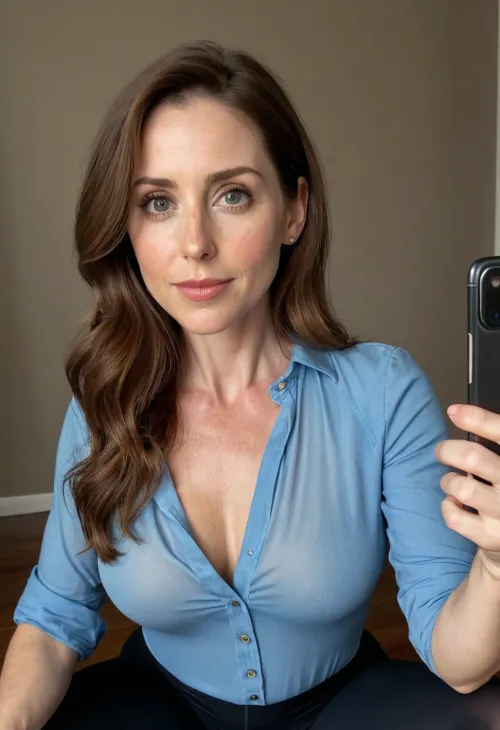 40 year old woman, Allison brie, medium breasts, brown hair, freckles, taking a selfie, cleavage, wearing a button up blue shirt, wearing black yoga pants