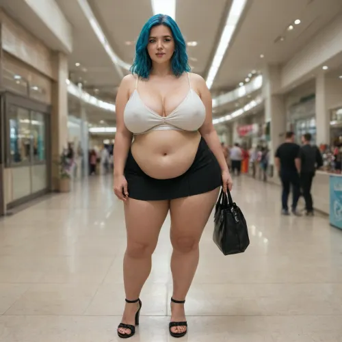 Photo of a naked white obese BBW, green gray eyes, (detailed eyes), huge natural boobs, (no scars on boobs), round belly, huge fat ass, (long legs:1.1), (big belly:1), long blue hair, shaved pubic hair, (huge ass:1.1), (gigantic sagging floppy breasts:1), walking in a luxury mall, golden high-heel sandals, blue toe nails, black mini skirt, white top