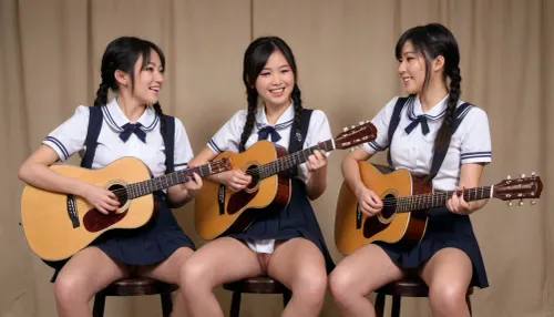 Masterpiece, high quality, perfect arm, hands, perfect fingers, high detail, (candid photos:1.3), two Beautiful Japanese girls, side braid hair, black hair, very small breast, clothing sailor school uniform, Sitting next to each other on a stool on a playing stage, (playing acoustic guitar:1.4), spread legs, upskirt, visible vagina, visible labia, seductive smile, realistic detailed faces, <lora:upskirt:1.2>