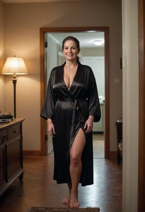 (full body in picture), Mature, milf, fat, bbw, 65 years old, brown hair in a ponytail, (very dim light), opening her black robe to show her tits, earrings, backgroung of a room, big saggy tits, feeling anxious, blushing, smiling shyly, natural light, realistic, erotic, photorealistic, (dark room), at night, a young man is entering the room