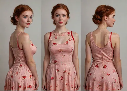 ASSIGNMENT, Create an award-winning model sheet of a beautiful cute 18-year-old ginger woman in a gorgeous sleeveless fitted red cotton prom dress, BREAK.

CLOTHING, gorgeous sleeveless fitted red cotton prom dress, pearl necklace, pearl stud earrings, BREAK.

BODY, beautiful 18-year-old woman, short, creamy pale skin, lots of freckles especially below eyes and on chest, lots of prominent freckles, pixie-ish, slender, very busty, medium natural breasts, D cup, natural breasts, detailed natural breasts, very hairy bush, ginger bush, firm ass, detailed realistic skin with pores and hair follicles, perfect hands, handslora, BREAK.

FACE, adorable beautiful 18-year-old coed, (detailed youthful cute pixie-ish heart-shaped face), (beautiful, welcoming smile), (mischievous green eyes), (pert nose), (light makeup and red lipstick), (pale skin), (lots of prominent freckles), big expressive eyes, long eyelashes, eye contact, BREAK.

HAIR, bright orange-red hair, ginger hair, hair up in tight French up-do, detailed hair, BREAK.

LOCATION, neutral background, BREAK.

POSE, standing, multiple views of the same character, model sheet, (front view, side view, rear view), BREAK.

AESTHETIC, score_9, score_8_up, score_7_up, solo, cinematic, 8K, hyper realistic, sexy as hell, BREAK.

TEMPLATES, but, freckles, luisap, birth, mark, <lora:MJ52:2>, <lora:add-detail-xl:2>, <lora:BUT_SDXL_SHS:1.3>, <lora:LPFRECKLES_lora:.5>, braless, Wearing, clothes, that, make, sense, with, Braless>, <lora:bralessSDXL_v1_00022:.8>
