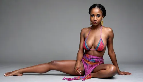 ((Full body portrait), in clean lightgrey background), ((1/1 view)), slender black Malawian 45 years old, (papaya saggy soft empty breasts, extremely dark skin, bare feet, (wide hips)), (colorful Malawian robe, bikini, (long braided hairstyle, (oval earrings)), laying down), <lora:sagging-000015:1.3>