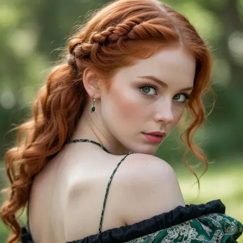 Stunning portrait of a beautiful redhead with intricate braided hair and mesmerizing green eyes. Her fair skin is adorned with delicate freckles, and she's wearing vintage-inspired jewelry and a lace-trimmed black dress. The soft, wavy hair cascades down her back, creating a romantic, ethereal vibe. classic beauty, fantasy allure, /©KlTTY-ART/