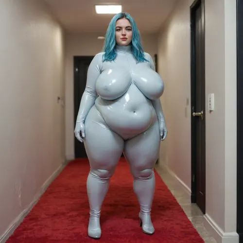 Full-body latex catsuit, (open crotch), light blue catsuit, light blue latex gloves, hotel corridor, (black walls, red carpet), low light, white obese BBW, green gray eyes, (detailed eyes), huge natural boobs, (no scars on boobs), round belly, huge fat ass, (long legs:1.1), (big belly:1), long blue hair, shaved pubic hair, (huge ass:1.1), (gigantic sagging floppy breasts:1)
