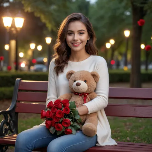 A beautiful woman sitting on a park bench under the setting light, smiling, holding a bouquet of red roses and a teddy bear for Valentine's Day. The atmosphere is romantic, ultra-realistic 4K cinematic photography, shallow depth of field