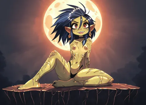 (Jack cayless art style), (female goblin:1.0999999999), (pointy ears:.4444), (beautiful woman, (adult:1.333), small_breasts), (strong build, broad shoulders:1.28888888), (muscular arms and shoulders:.7777), (muscular legs:.4777), (olive green skin:1.08888), (big wild hair, indigo), (red eyes:.9999999999999), (evil face), (sharp teeths:1.22222222), (small cute feminine hands:1.04444444), (nails and toenails are tiny sharp claws:1.4444444444), (short claws), (long prominent toes:1.04444444), (detailed feet:1.0222222), (monster feet:.06666666), (bones, skulls, bombs, trasure:1.22222), tranny goblin hottie, (horny wants to have sex), view from side, view from behind, interesting angle, interesting perspective, close intimate lighting, detailed sharp shadows, (contrast between darkness and light:.1777), yours truly, Astrid Ivy ♡, (brown nipples and dick:1.022222), (bandages:.22222222), <lora:princess_xl_v2:.55555>, <lora:DetailedEyes_V3:1.666777>, <lora:Rendered Environments  SDXL v1.0:.6666>, <lora:add-detail-xl:1.88888888>, <lora:Randommaxx_dark_offset_v1.1_lora_fp16:.888888888888>
