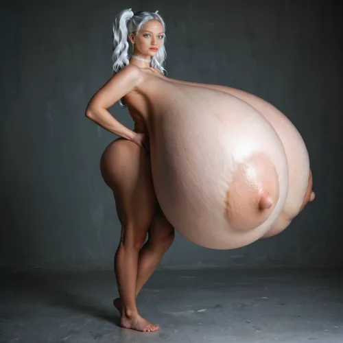 (gigantic breasts), beautiful face, full body shot, (((hyper breasts:1.8))), standing, horny expression, ((side view)), full lips, blue eyes, choker, (white pigtails:1.3), photorealistic, hdri, portrait, realistic, super real, hyper realistic, ultra realistic, perfect eyes, detailxl, raw, lighting, overexposed, harsh, flash, amateur, epiCNegative, <lora:MJ52:1>, <lora:attractive_notrigger:.8>, <lora:Rawfully Stylish v0.2_epoch_20:.9>