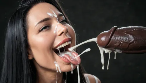 close up of a black african man with a massive 15 inch penis, white curvy woman in white top looking at the man masturbating, eyes open, (gaping mouth:1.1), tongue sticking out, horny smile on her face, the eyes are smiling, (milf:1.15), (extremely long smooth black hair:1.5), (ejaculation:1.5), (Cum details), realistic cum, Prominent cum, (white cum:1.7), cum on, (Cum flows:1.2), cum on head, (cum on face:1.3), cum, face, Face covered in cum, (A lot of cum:1.5), black room, black background, excessive cum on her face.