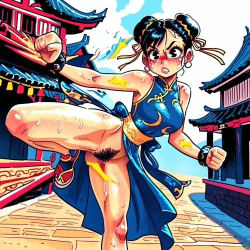 (Jack cayless art style), Chun-li, street fighter, huge tits, toned body, slim, superhero, action pose, martial arts, traditional Chinese dress, bare legs, bare arms, Japanese temple in the background, highest detail, masterpiece, highest detail face, pubes, epic fighting move, Melkor Mancin artstyle, score_9, score_8_up, score_7_up, cute, doodle, ratatatat74, <lora:cutedoodle_XL-000012:1.7>, <lora:ratatatat74-000050:1.6>, <lora:outline_xl_kohaku_delta_spv5x:1.5>, <lora:cartoon_stickers_xl_v1:.8>, embarrassed, pokies, high kick, dress flying with the move