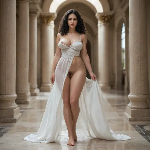Greek goddess, white high transparent dress, black curly hair, greek model, (breast:1.8), (hips:1.6), tall, long legs, barefoot, satin skin, one breast visible, Athena temple, marble floor, pussy visible, very hairy pubic delicate foot