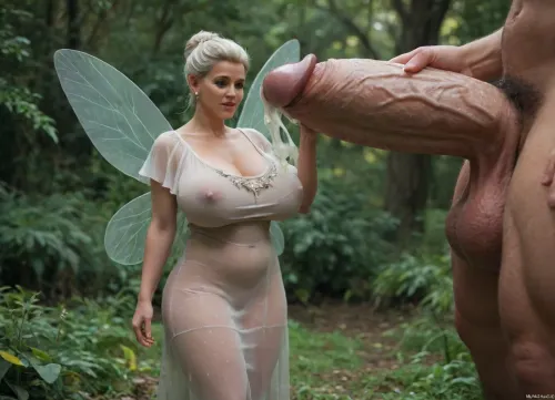 giant man standing side on, massive girthy veiny hyper cock with foreskin, giant uncircumcised oversized cock, massive uncut cock, ((Fairy Godmother wearing tight form fitting see through dress, large breasts)), Fairy Godmother holding the tip of giant uncircumcised cock, (insect sized fairy:1.5), Fairy Godmother in awe, on massive uncut cock, cock bigger than her body, body sized cock, pubic hair, foreskin, long foreskin, cock bigger than Fairy Godmother, face against cock, Licking the tip, ((oozing cum))