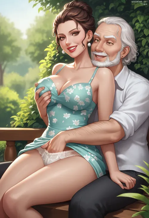 Jardin cocu: beauté russe & laid vieux piège lubrique

- Oui.

AI a généré l'image d'un beau cheveux brun court russe milf dans le style pin-up, madame avec figure en sablier, portant une robe florale verte, de larges hanches, visage séduisant, beaux yeux bruns, sa peur et embarrassement visible comme elle est assise sur un banc avec un vieux barbu très laid et poilu qui la grippe, tire sa robe, et donne des conseils vulgaires pendant qu'elle l'embrasse par le cou — une scène classique cocue du jardin des années 1960.
