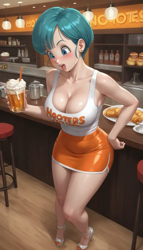 Bulma from Dragon ball, in a hooter's restaurant
seductive face expression, orgasm face, perfect makeup, venus bimbo body, big round boobs, she squeezes her breasts together

Looking down, hd

bulma_aiwaifu, aiwaifu, thick, eyebrows, Bulma wears a tight and shiny latex hooter's outfit, Hooter, high heels, ((cleavage)), <lora:aniv3de:.6>, <lora:hentai_anime_style_xl_v1:.4>