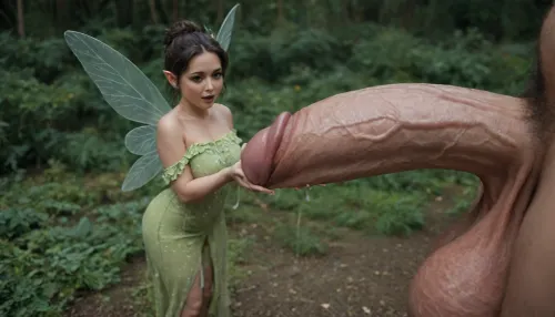 giant man standing side on, massive girthy veiny hyper cock with foreskin, giant uncircumcised oversized cock, massive uncut cock, ((tight form fitting dress)), Mature fairy holding the tip of giant uncircumcised cock, (insect sized fairy:1.5), mature fairy in awe, on massive uncut cock, cock bigger than her body, body sized cock, pubic hair, foreskin, long foreskin, cock bigger than fairy, face against cock, Licking the tip, droopy foreskin, ((oozing cum)), ((cum explosion))
