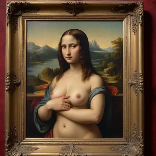 Renaissance, Renaissance painting, Renaissance art, a painting in a gilded frame depicting the Mona Lisa nude, Mona Lisa nude, a painting in the style of Renaissance painting