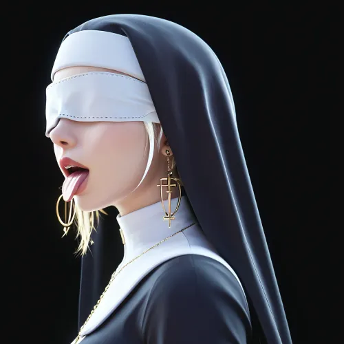 ((left side view)), 8k, 3D, cinematic lighting, best quality, ultra-detailed, fine details, black background.
A nun in black dress, blind, (with a white blindfold over her eyes), her mouth is wide open, her tongue is out, braless, no, bra, <lora:braless-000007:1.3>