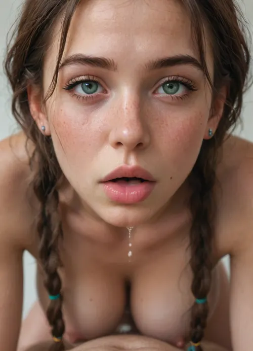 all fours, huge heavy tits, messy low_twin_braids, from front, (anal), ((orgasm)), focus chin, close up, freckles, imperfect skin, green eyes, drool, pale, cleft chin dimple, brunette with copper highlights, sweating, ((flushed))