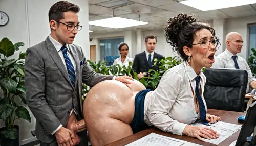 ((In front of everyone, A mature curvy woman gets pounded by a muscular young man on her desk at work, Colleagues hold her by the arms)), GILF, with curly black hair, wrinkled face, an arched back, a huge ass. suit is undone, crooked glasses. Her hair is loose. He puts his fingers in her mouth, full penetration, She blushes, she orgasms. Normal-sized penis, large balls, wet pussy, moaning, in a modern design open space office. Green plant, Sex in public. Suit and tie