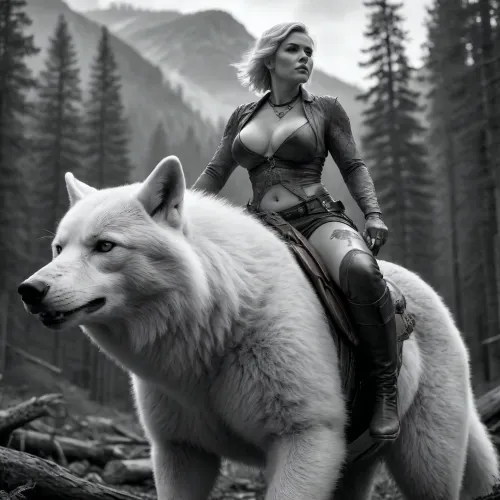 picture like a hand draw in grey scale, the setting is a mountain forest, a woman with huge huge huge breasts with tattered leather clothing is riding on a enormous white fox bigger that a bear, the woman has tattoos all over her body