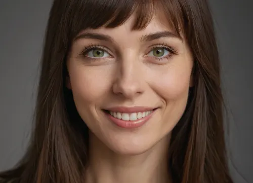 Professional portrait photograph of a beautiful skinny russian woman in her 40s, medium-length straight dark brown hair with full straight-cut bangs, striking light green hazel eyes, fair porcelain skin with natural flush, oval face shape, warm genuine smile showing white teeth, long natural eyelashes, delicate facial features, natural makeup look, soft natural lighting, studio portrait, photorealistic, highly detailed skin texture, sharp focus on eyes, 85mm lens, f/2.8, professional photography, ultra realistic, 8k quality, detailed irises, natural skin pores visible, candid friendly expression