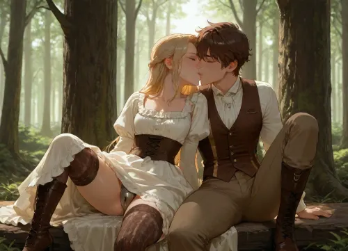 (man and woman), brown hair, blonde hair, medium breasts, flat chest, wearing, (poor vest, trousers), (long sleeved victorian dress:1.2), (vintage boots), knitted thighhighs, knee up, sitting in forest, leaning on tree, kiss, (leaking juices:1.3), spread legs, (woman is wearing wide brass chastity device), sad, tired, <lora:thigh_highs_SDXL:.8>