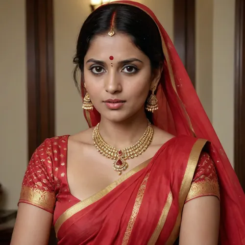beutiful indian lady medium build in a red sari with gold border and having jewellery on her neck and forehead has a red dot on forehead. is lifting her sari up to show the shaved pussy. the camera is showing her pussy directly and also her breasts that are covered with the blouse.