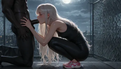 27 year old asian, petite, muscular, dark skin, freckles, button nose, full lips, eyes closed, (very long messy platinum hair), (blushing), (on her knees performing blowjob, small breast with erect nipple under a black tank top, muscular legs, black leggings, pink sport sneakers, sucking a large black cock of a skinny black man in a suit, her hands on his thighs), (on a rooftop, futuristic cityscape, cloudy, moon light casting shadows), (depth of field, motion lines, motion effects, movement lines, movement effects, full body, view from the side, side profile), (low light, soft focus, realistic, high quality, high contrast, highly detailed, rim lighting)
