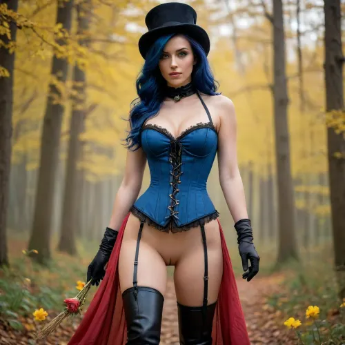 low-angle view, scene on the black forest, tanned nude woman, dark blue-haired woman, shee wears a dark leather Victorian corset, She wears a tall top hat decorated with colorful flowers, she wears long black gloves, she wears tall black boots, she performs magic with a wand that which leaves a trail of bright yellow dust in the air, she use colorful scarves, she has large breasts, blue pubic hair, large breasts, big boobs, <lora:Sumie_Ink-GMR-000008:2>