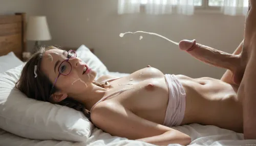 dynamic side view of an nerdy innocent brunette woman with rectangular glasses who laying on a bed bed while a man standing next to the bed is cumming all over her, night time, (natural breasts), she is laying in bed, she is wearing a loose tank top and no panties, one breast exposed, girly bedroom and pink aesthetics, pillows, the man has no pants on, she has long brunette braided pigtails, erect penis, erect nipples, Pokie puffy large dark pink nipples, white male, male in front of female, large erect penis, the penis is very close to her face, she looks happy, cum on hair, cum on face, cum on chest, faceless male, huge cumshot, realistic, super real, hyper realistic, ultra realistic, ((perfect eyes)), full view, ((Ultimate realistic photo details)), (((dynamic sexy pose))), (((bright sunlight))), detailxl