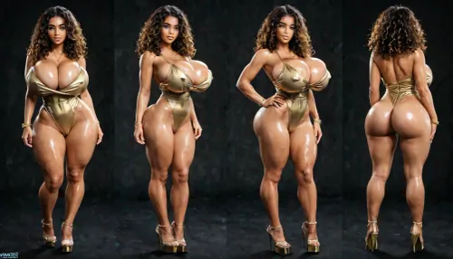 18+
Latina, long curly hair, ultra detailed face, full body, fit, exaggerated round cleavage, perfect round firm breasts, perfectly spherical breast shape, gorgeous face, detailed eyes, pleasure eyes, heart eyes, blushing, shiny skin, wet hair, black eyeliner, massive breasts, hyper erect nipples, waist, butt, long hourglass figure, colossal breast expansion, gold necklace, gold chocker, gold bracelets, gold rings, perfect tits, perfect ass, wide thigh gap, tight waist, camel toe, large ass, wide hips, no panties, slightly parted lips, grey eyes, voluptuous