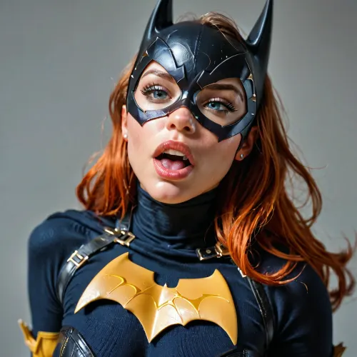 Batgirl in the midst of an intense orgasm.