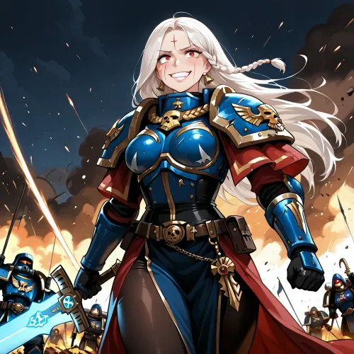 Warhammer 40k, Sister of Battle, Adepta Sororitas, cute girl, white hair, braided strand of hair, swinging a power sword, smiling face, rush forward, battlefield, (High, Resolution), (More, Details), (8K), <lora:checkpoint-e100_s400:.8>, <lora:defc120f-fa4f-4768-9af5-94ead9024f39:.8>, <lora:ayaka:.8>