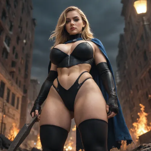scenario of a destroyed city, viewed from a low angle, black woman, black superheroine with golden hair, she wears a very tight superhero costume, the costume has a blue cape, her eyes produce flames, her hands generate fire flames, she has huge huge hugebreasts, she has a big big big butt, she has a thin waist, she is very muscular, pastel, goth, <lora:EnvyPastelGothXL01:2>