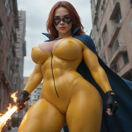 scenario of a destroyed city, viewed from a low angle, tanned woman, tanned superheroine with red hair, she wears a dark-blue eyes mask, she smiles, she is sensual, she wears a very tight superhero dark-blue and yellow wetsuit with ray symbol, the wetsuit has a dark-blue cape, her hands generate fire flames, her hans are two balls of fire, huge huge huge breasts, she has a big big big butt, she has a thin waist, she is very very very muscular, extrmusc, <lora:ExtrMusc:2>