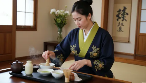 (masterpiece, top quality, ultra-detailed rendering), (photorealism:1.2), natural lighting, shallow depth of field, (beautiful young Japanese woman:1.3), A tea master, (茶人), conducting a tea ceremony, dressed in traditional attire—, (a dark blue kimono with intricate gold embroidery:1.1), (obi sash:1), —and a white undergarment. Her black hair is styled in a bun. Her gaze is directed downward, demonstrating concentration and grace during, (the preparation of matcha:1.2), . Her hands gently hold, (a bamboo whisk, (chasen), over a white ceramic bowl), . Steam rises gently from the bowl, creating a peaceful atmosphere., (traditional Japanese tea room setting:1.1), the floor covered with tatami mats, soft natural light streaming through the window, an Itigyo-mono scroll, (行物), on the wall in the background, and a small table with white flowers in a vase behind her. In the foreground, on a black tray, lie various tea ceremony utensils, another bamboo whisk, a small ceramic jar, (chaki), a teapot, (tetsubin), and other containers, high level of detail, the calm, meditative atmosphere of a traditional Japanese tea ceremony, slight blurring of the background