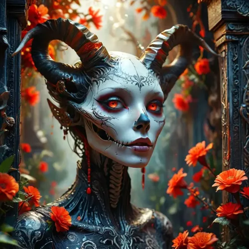 b/w, A stylized, elaborate artwork featuring a figure resembling a skeletal, mythical creature. The creature's face is partially obscured by flowing, decorative elements. Its features include a skull-like face with exaggerated, striking features, large, bright red eyes, and a slightly open mouth. The creature has large, stylized horns and wears a flowing, cloak-like garment. The creature appears to be holding or interacting with another being resembling an animal's head or face. The background is densely patterned with swirling, organic forms and abstract floral designs. The style is reminiscent of psychedelic art, with a vintage, textured feel. The lighting is diffused, coming from various directions and creating highlights and shadows within the design. The composition is complex, with the figure at the center and many intricate details filling the space. The overall atmosphere is mysterious and otherworldly, imbued with strong symbolism. There is a striking textured surface, reminiscent of a vintage poster or album cover. /KlTTY-ART/, <lora:COMFYUI_mimic_landscape_-_XL_SDXL v2.0:.7>, <lora:attractive_notrigger:.8>, <lora:PerfectEyesXL:.6>, <lora:MJ52:1>
