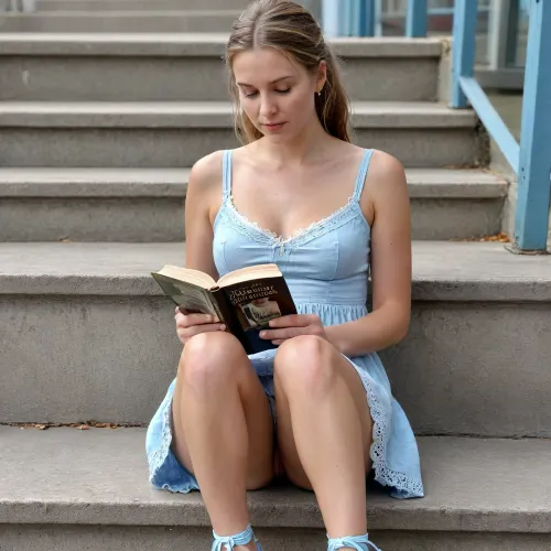 ((photorealism)), accidental view of the upper skirt, very beautiful reading An Icelandic woman, 45 years old, white skin, is reading a book, sitting upright outside on the stairs of the library building, reading concentrated in a book, (wearing a very short light blue sundress with laces and no panties, partially revealing her very hairy and detailed pussy), ((glossy skin, very deep and seamless, not tanned)), top skirt, vagina out, <lora:upskirt:.3>, <lora:Picture_enhancer:1>, <lora:add-detail-xl:1>, <lora:Midjourney Image Enhancer XL v1:1>