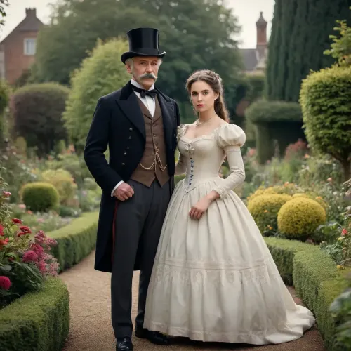 Photography in style of a 19th century couple portrait, of one older gentleman and his young wife, in a lordly garden.
The man is dressed like a rich 19th century gentleman, wearing a suit, monocle, top hat, mustache. On his side is a petite, young woman, wearing a corset, stockings.